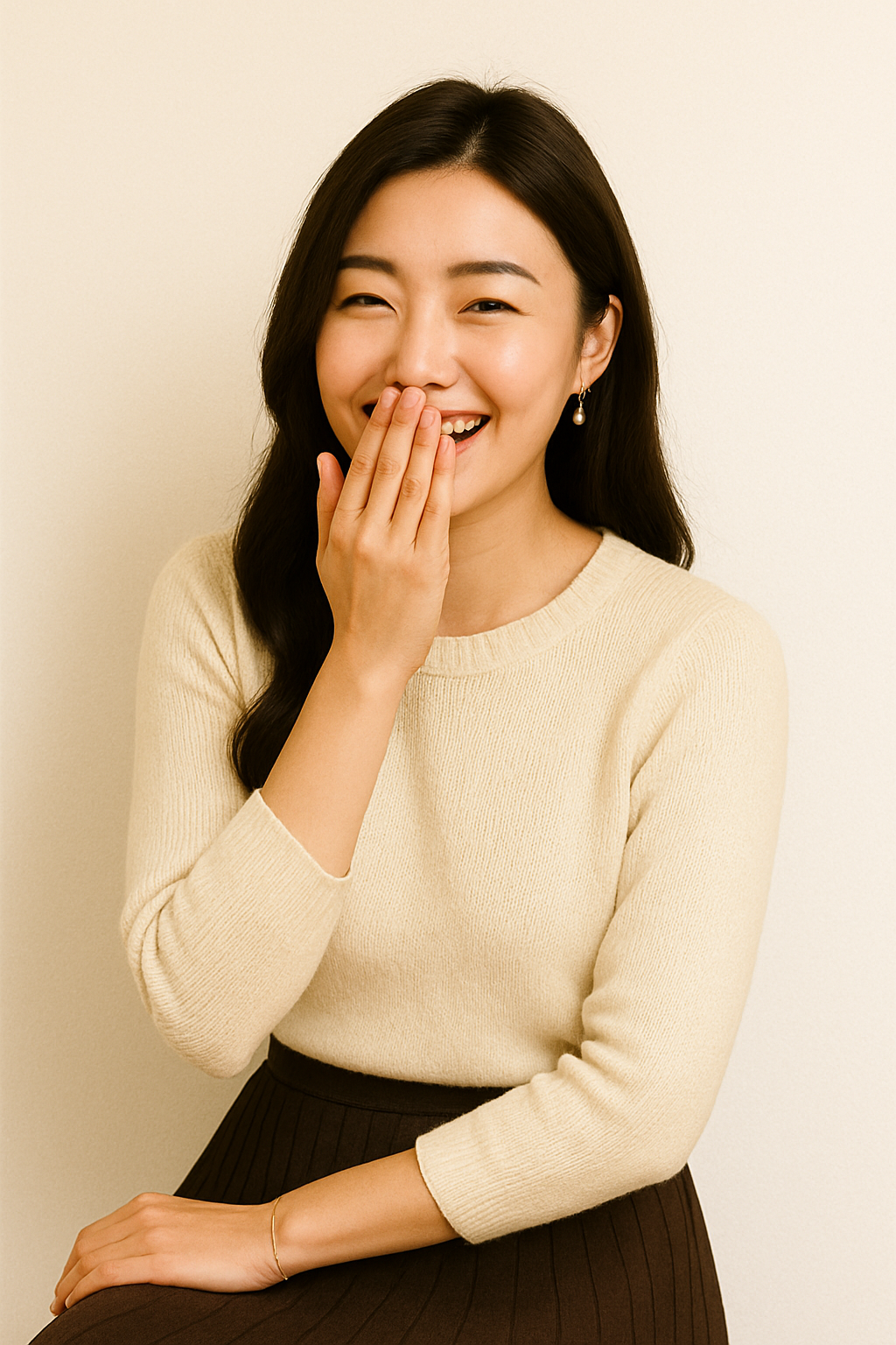 笑いながら口元を手で隠す仕草