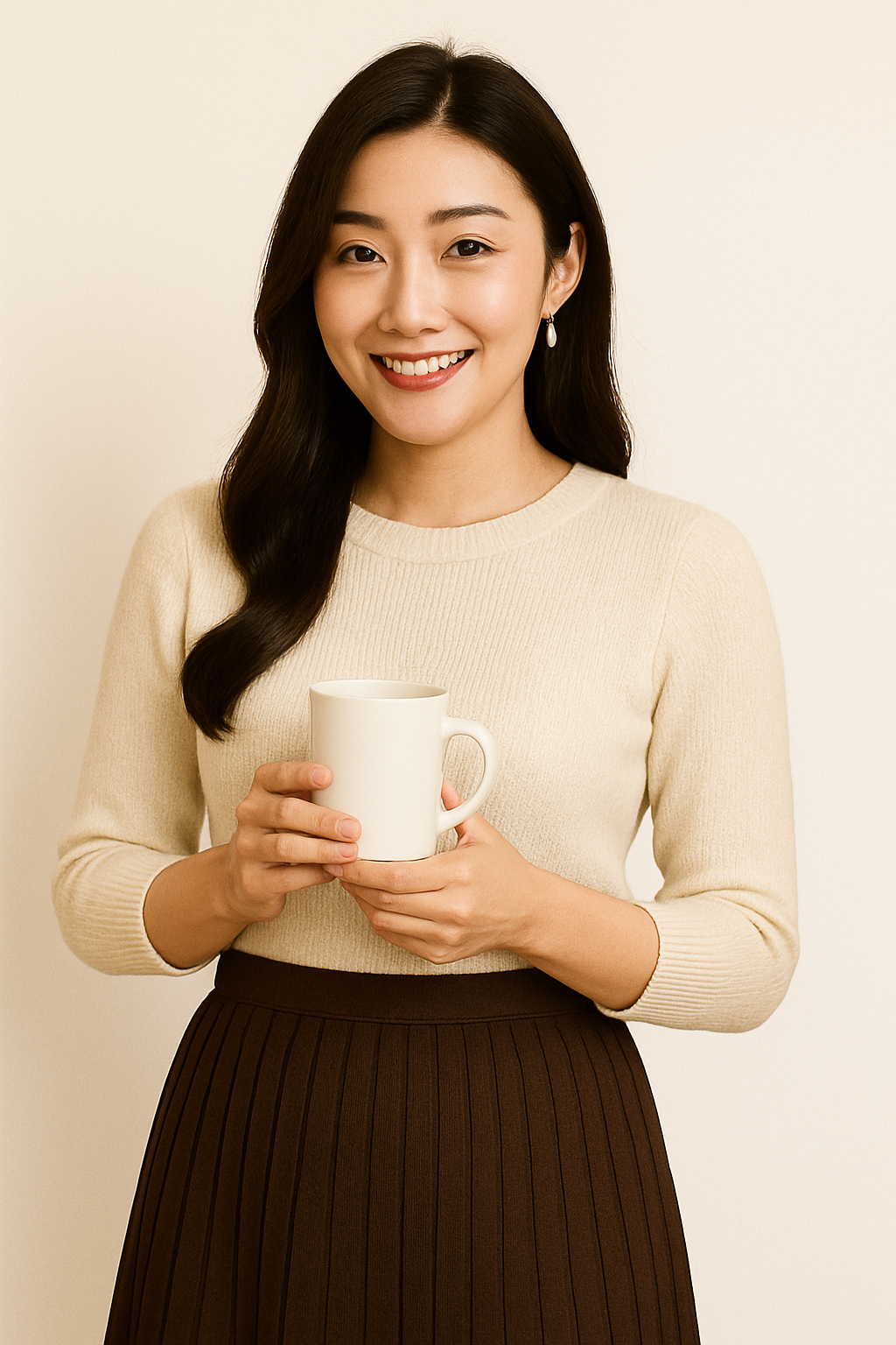 コーヒーカップを手に持ち微笑んでいる女性