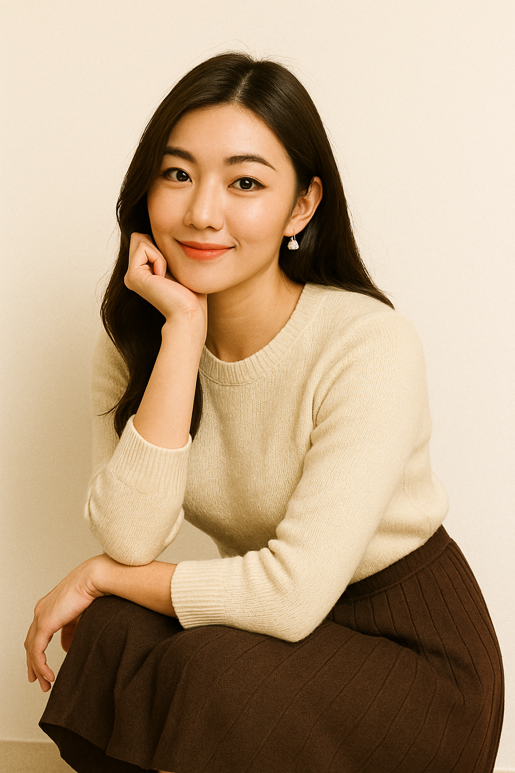 しゃがんでカメラを見ている女性