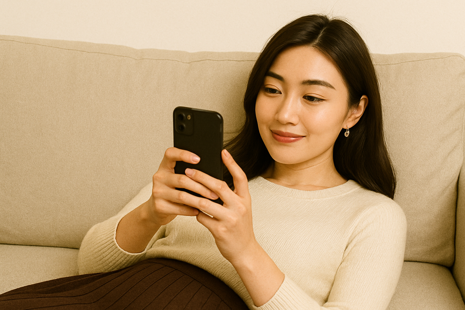 ソファに寝転びスマホを持っている女性